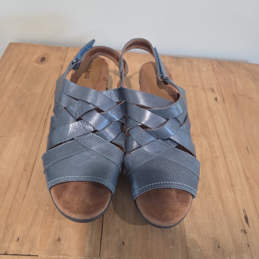 Cobb Hill‎ Laurel Blue Braided Leather Sling Back Cone Heel Comfort Sandals Sz 9